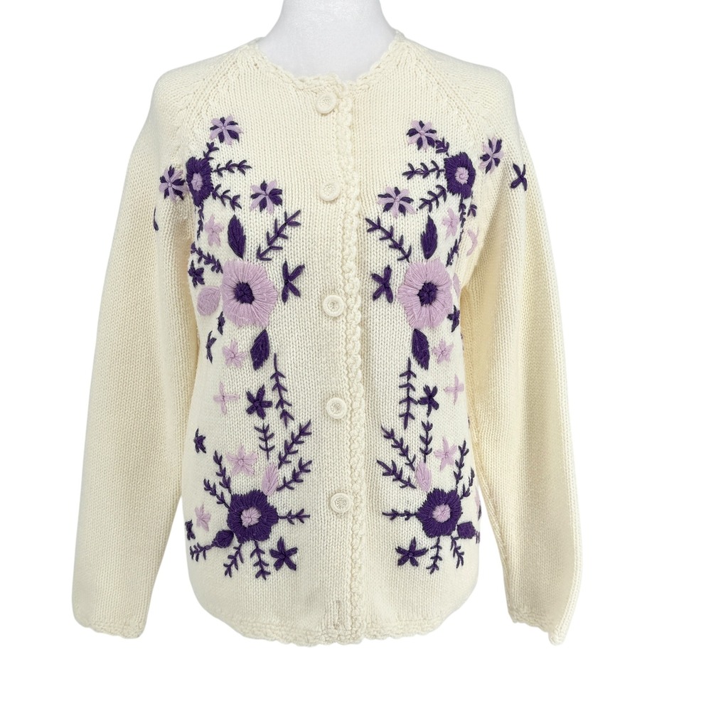 Vintage Campus 70s Floral Embroidered Cardigan Sweater Size M Crew Neck Cottage